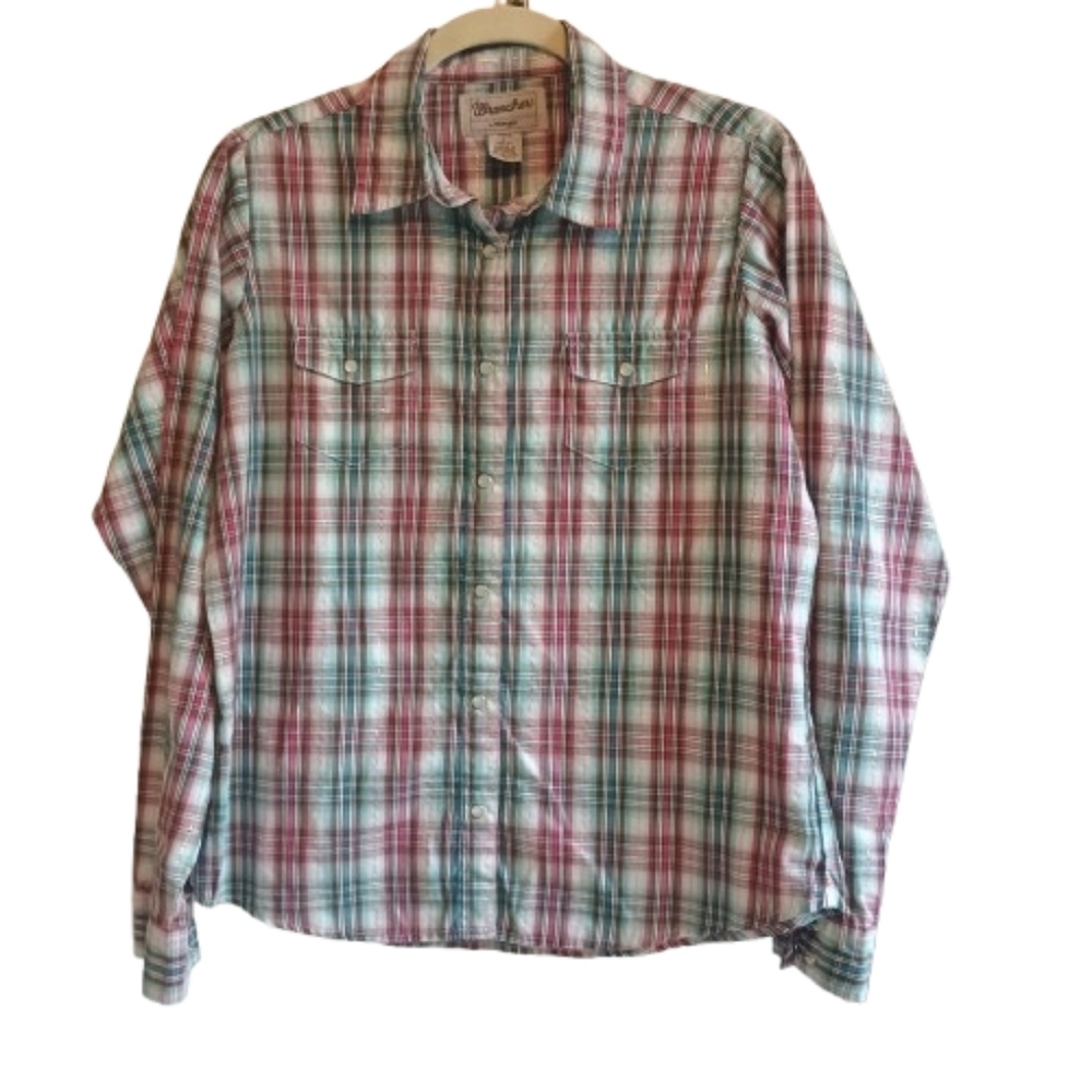 Wrancher by Wrangler Vintage Women's Western Plaid Shirt Size Large Pearl Snap